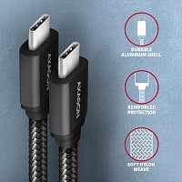 AXAGON BUCM3-CM15AB, SPEED kabel USB-C <-> USB-C, 1.5m, USB 3.2 Gen 1, PD 60W 3A, ALU, oplet, černý