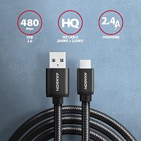 AXAGON BUMM-AM15AB, HQ kabel Micro USB <-> USB-A, 1.5m, USB 2.0, 2.4A, ALU, oplet, černý