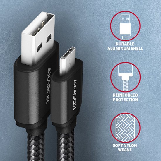 AXAGON BUMM-AM15AB, HQ kabel Micro USB <-> USB-A, 1.5m, USB 2.0, 2.4A, ALU, oplet, černý