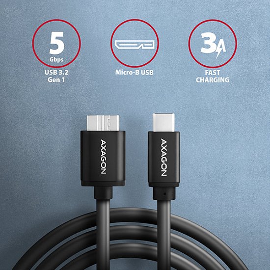 AXAGON BUMM3-CM10AB, SPEED kabel Micro-B USB <-> USB-C, 1m, USB 3.2 GEN 1, 3A, ALU, tpe, černý