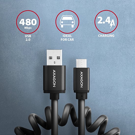 AXAGON BUMM-AM10TB, TWISTER kabel Micro USB <-> USB-A, 0.6m, USB 2.0, 2.4A, ALU, tpe, černý