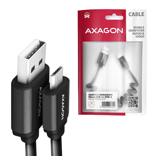 AXAGON BUMM-AM10TB, TWISTER kabel Micro USB <-> USB-A, 0.6m, USB 2.0, 2.4A, ALU, tpe, černý