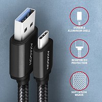 AXAGON BUCM3-AM20AB, SPEED kabel USB-C <-> USB-A, 2m, USB 3.2 Gen 1, 3A, ALU, oplet, černý