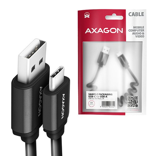 AXAGON BUCM-AM10TB, TWISTER kabel USB-C <-> USB-A, 0.6m, USB 2.0, 3A, ALU, tpe, černý