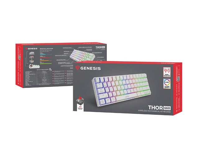 Genesis mechanická bezdrátová klávesnice THOR 660, bílá, US layout, RGB podsvícení, Gateron RED