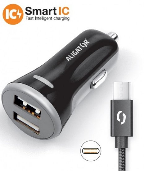 ALIGATOR Chytrá nabíječka do auta 3.4A, 2xUSB, smart IC, černá, USB-C kabel