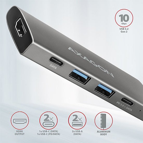 AXAGON HMC-5G2, USB 3.2 Gen 2 10 Gb/s hub, porty 2x USB-A, 2x USB-C, HDMI, PD 60W, kabel USB-C 13cm