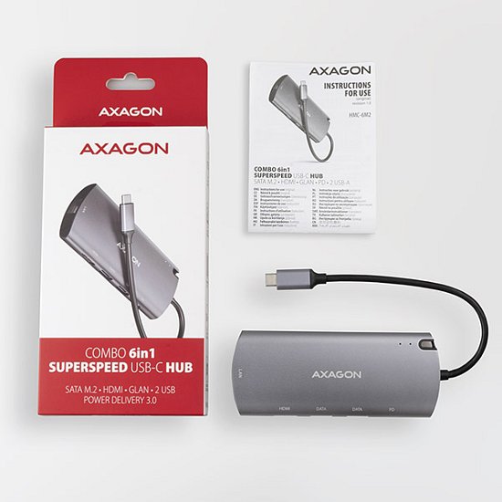 AXAGON HMC-6M2, USB 3.2 Gen 1 hub, 2x USB-A, HDMI, RJ-45 GLAN, SATA M.2, PD 100W, kabel USB-C 18cm