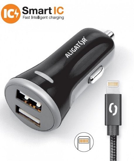 ALIGATOR 3.4A, 2xUSB, smart IC, černá, USB kabel pro iPhone/iPad