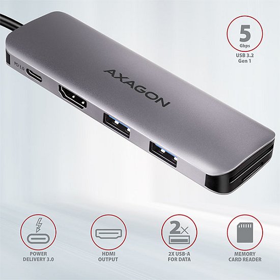 AXAGON HMC-5, USB 3.2 Gen 1 hub, porty 2x USB-A, HDMI, SD/microSD slot, PD 100W, kabel USB-C 20cm