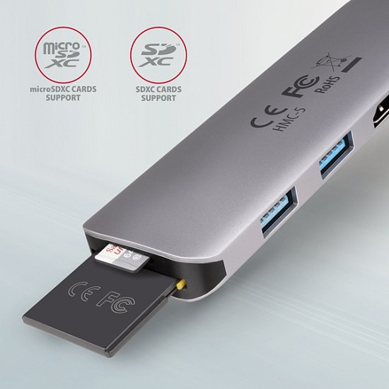 AXAGON HMC-5, USB 3.2 Gen 1 hub, porty 2x USB-A, HDMI, SD/microSD slot, PD 100W, kabel USB-C 20cm