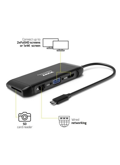 PORT CONNECT Dokovací stanice 8v1 DUAL SCREEN,2xFullHD nebo 1x4K, HDMI, VGA, 3xUSB-A, RJ-45, TF, SD