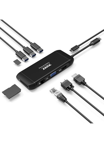 PORT CONNECT Dokovací stanice 8v1 DUAL SCREEN,2xFullHD nebo 1x4K, HDMI, VGA, 3xUSB-A, RJ-45, TF, SD