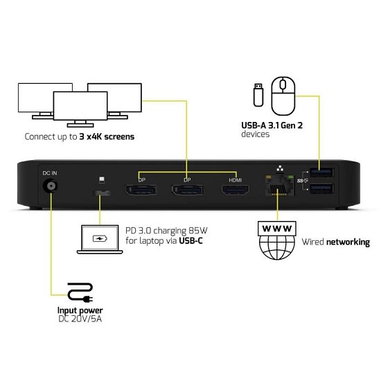 PORT CONNECT Dokovací stanice pro kanceláře, USB-C, 3x4K, černá