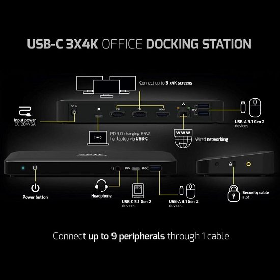 PORT CONNECT Dokovací stanice pro kanceláře, USB-C, 3x4K, černá