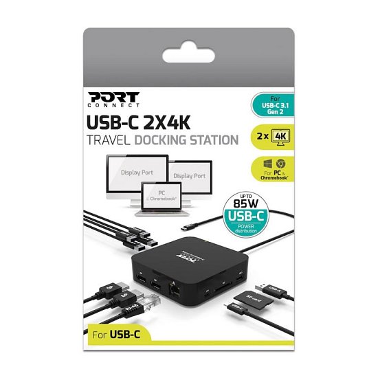 PORT CONNECT USB-C Dokovací stanice 10v1, 2x4K Display Port, 5x USB-A, USB-C 85W PD, Ethernet, SD