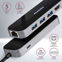 AXAGON HMC-6GL, USB 3.2 Gen 1 hub, porty 3x USB-A, HDMI, RJ-45 GLAN, USB-C PD 60W, kabel USB-C 20cm