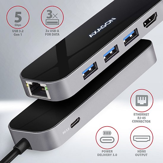 AXAGON HMC-6GL, USB 3.2 Gen 1 hub, porty 3x USB-A, HDMI, RJ-45 GLAN, USB-C PD 60W, kabel USB-C 20cm