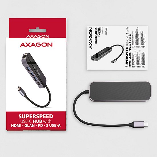 AXAGON HMC-6GL, USB 3.2 Gen 1 hub, porty 3x USB-A, HDMI, RJ-45 GLAN, USB-C PD 60W, kabel USB-C 20cm