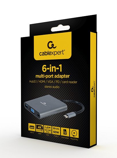 Gembird USB-C 6v1 multiport USB 3.1 + HDMI + VGA + PD + čtečka karet + stereo audio