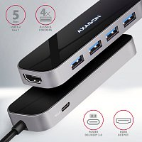 AXAGON HMC-6H4A, USB 3.2 Gen 1 hub, porty 4x USB-A, HDMI 4k/30Hz, PD 100W, kabel USB-C 20cm