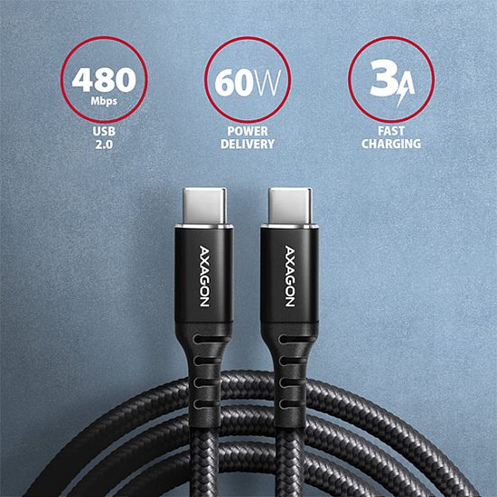 AXAGON BUCM-CM30AB, HQ kabel USB-C <-> USB-C, 3m, USB 2.0, PD 60W 3A, ALU, oplet, černý