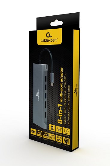 Gembird USB-C 8v1 multiport USB 3.0 + HDMI + DisplayPort + VGA + PD + čtečka karet + LAN + audio