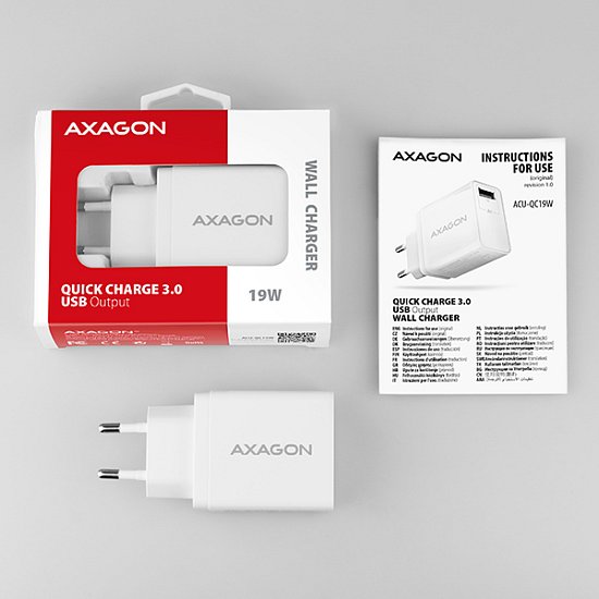 AXAGON ACU-QC19W, QC nabíječka do sítě 19W, 1x USB-A port, QC3.0/AFC/FCP/SMART, bílá