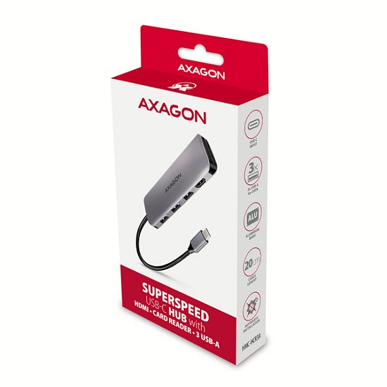 AXAGON HMC-HCR3A, USB 3.2 Gen 1 hub, porty 3x USB-A, HDMI 4k/30Hz, SD/microSD, kabel USB-C 20cm