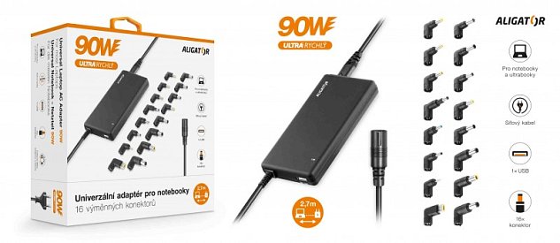 Univerzální adaptér pro notebooky se 16 výměnnými konektory a USB, 90W