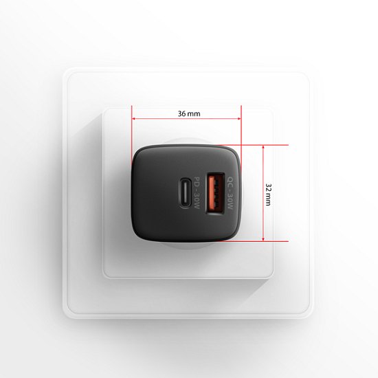 AXAGON ACU-PQ30 Sil nabíječka do sítě 30W, 2x port (USB-A + USB-C), PD3.0/PPS/QC4+/AFC/Apple, černá