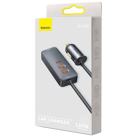 Baseus CCBT-A0G Rychlá Nabíječka do Auta s Prodlužovacím Kabelem 120W 2x USB + 2x USB-C Gray