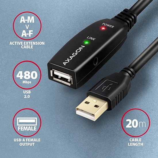 AXAGON ADR-220, USB 2.0 A-M -> A-F aktivní prodlužovací / repeater kabel, 20m