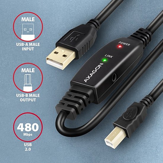 AXAGON ADR-215B, USB 2.0 A-M -> B-M aktivní propojovací / repeater kabel, 15m