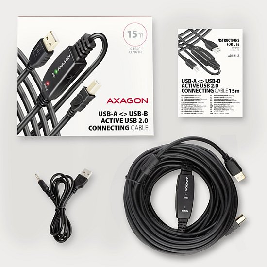 AXAGON ADR-215B, USB 2.0 A-M -> B-M aktivní propojovací / repeater kabel, 15m