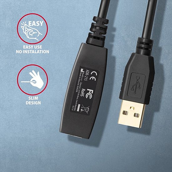 AXAGON ADR-215, USB 2.0 A-M -> A-F aktivní prodlužovací / repeater kabel, 15m