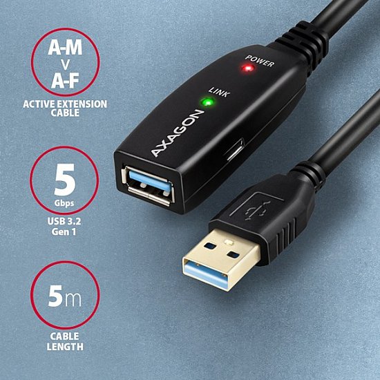 AXAGON ADR-305, USB 3.2 Gen 1 A-M -> A-F aktivní prodlužovací / repeater kabel, 5m