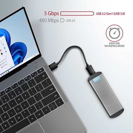 AXAGON EEM2-SA, USB micro-B 3.2 Gen 1 - M.2 SATA SSD kovový RIBBED box, bezšroubkový