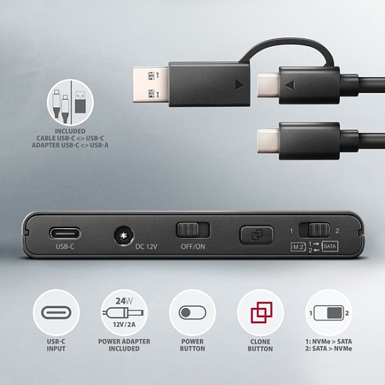 AXAGON ADSA-CC USB-C 10Gbps - NVMe M.2 SSD & SATA 2.5