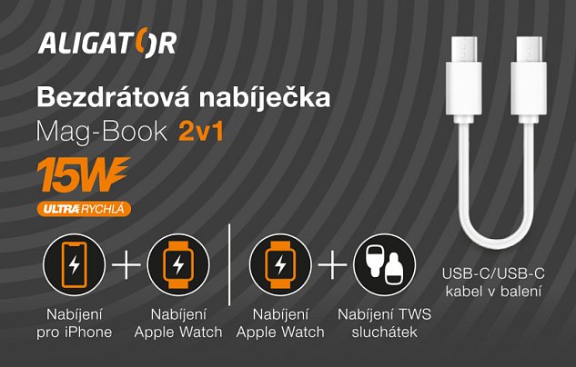 Bezdrátová nabíječka ALIGATOR Mag-Book 2v1, určeno pro MagSafe a nabíjení Apple Watch, 15W, bílá