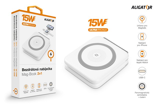 Bezdrátová nabíječka ALIGATOR Mag-Book 2v1, určeno pro MagSafe a nabíjení Apple Watch, 15W, bílá