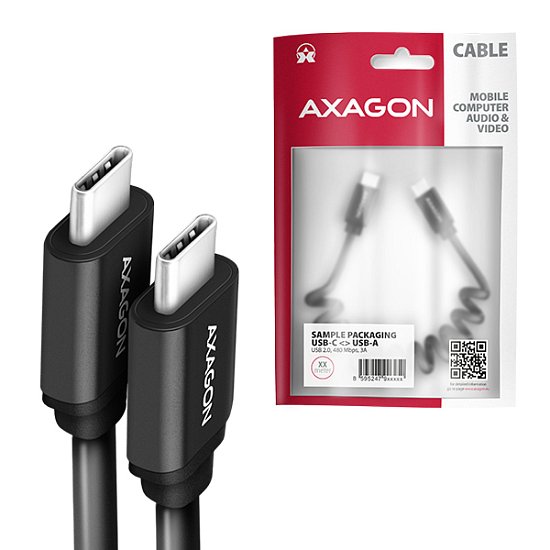 AXAGON BUCM-CM20TB, TWISTER kabel USB-C <-> USB-C, 1.1m, USB 2.0, PD 60W 3A, ALU, tpe, černý