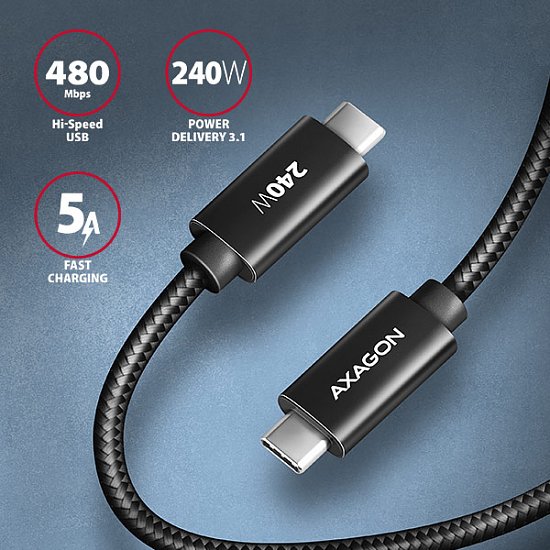 AXAGON BUCM2-CM20AB, CHARGE kabel USB-C <-> USB-C, 2m, Hi-Speed USB, PD 240W 5A, ALU, oplet, černý