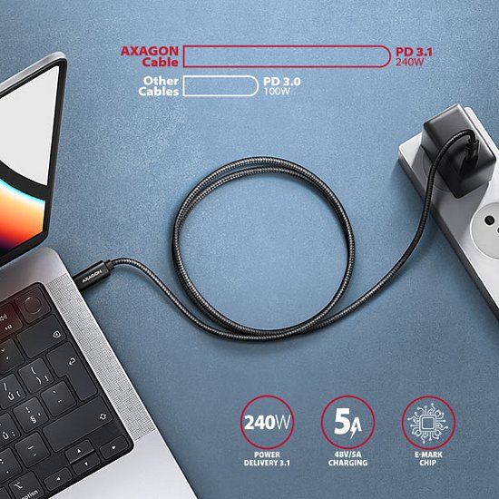 AXAGON BUCM2-CM20AB, CHARGE kabel USB-C <-> USB-C, 2m, Hi-Speed USB, PD 240W 5A, ALU, oplet, černý