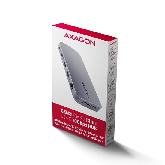 AXAGON HMC-12GM2, USB 10Gbps hub, 3x USB-A, USB-C,  HDMI, DP, RJ-45 GLAN, M.2, SD/mSD, audio, PD