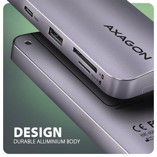 AXAGON HMC-6GM2, USB 10Gbps hub, USB-A, USB-C,  HDMI, M.2 slot, SD/MicroSD, PD 100W, kabel 20cm