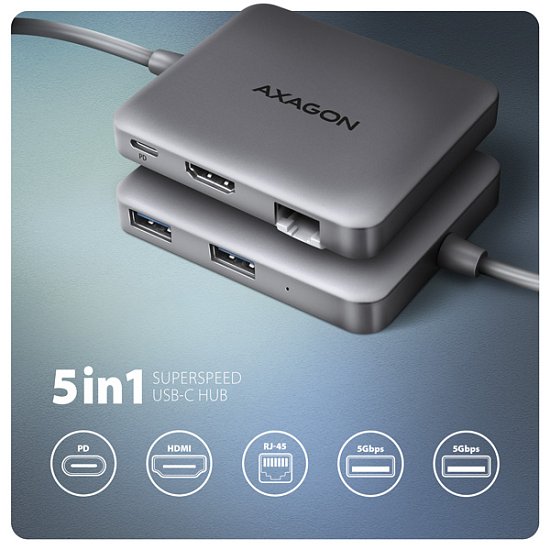 AXAGON HMC-5HL USB 5Gbps hub, 2x USB-A, HDMI 4k/60Hz, RJ-45 GLAN, PD 100W, kabel USB-C 20cm