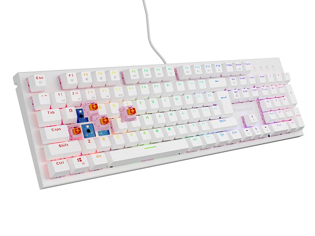 Genesis herní mechanická klávesnice THOR 303/RGB/Outemu Peach Silent/Drátová USB/US layout/Bílá