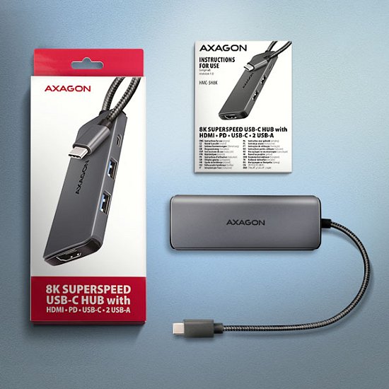 AXAGON HMC-5H8K, USB 5Gbps hub, 2x USB-A, USB-C, HDMI 8k/30Hz, PD 100W, kabel USB-C 15cm