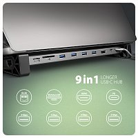 AXAGON HMC-10HLS, USB 5Gbps hub, 4x USB-A, HDMI 4k/60Hz, RJ-45 GLAN, SD/mSD, PD 100W, kabel 25cm